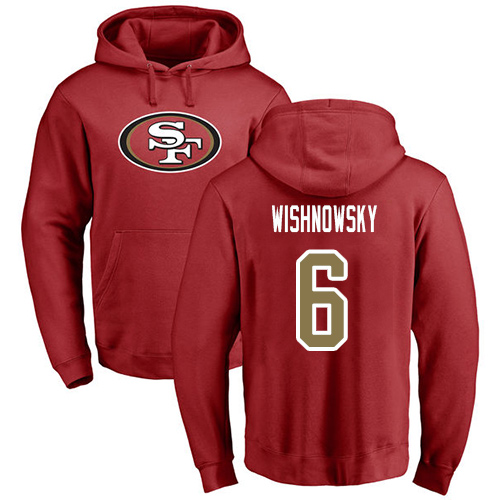Men San Francisco 49ers Red Mitch Wishnowsky Name and Number Logo #6 Pullover NFL Hoodie Sweatshirts->women nfl jersey->Women Jersey